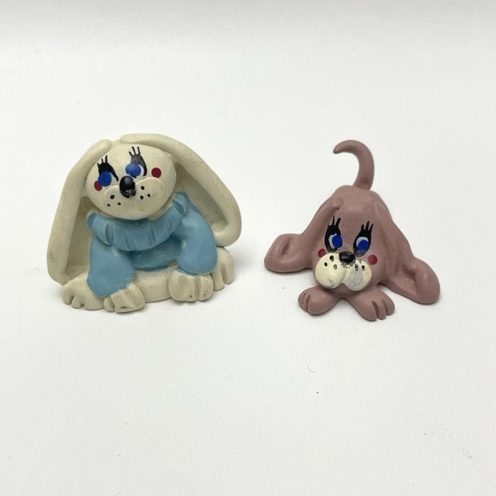 2 Denney Bunny Rabbit & Puppy Dog Miniature Figurines 1989 Merry Happy Animals